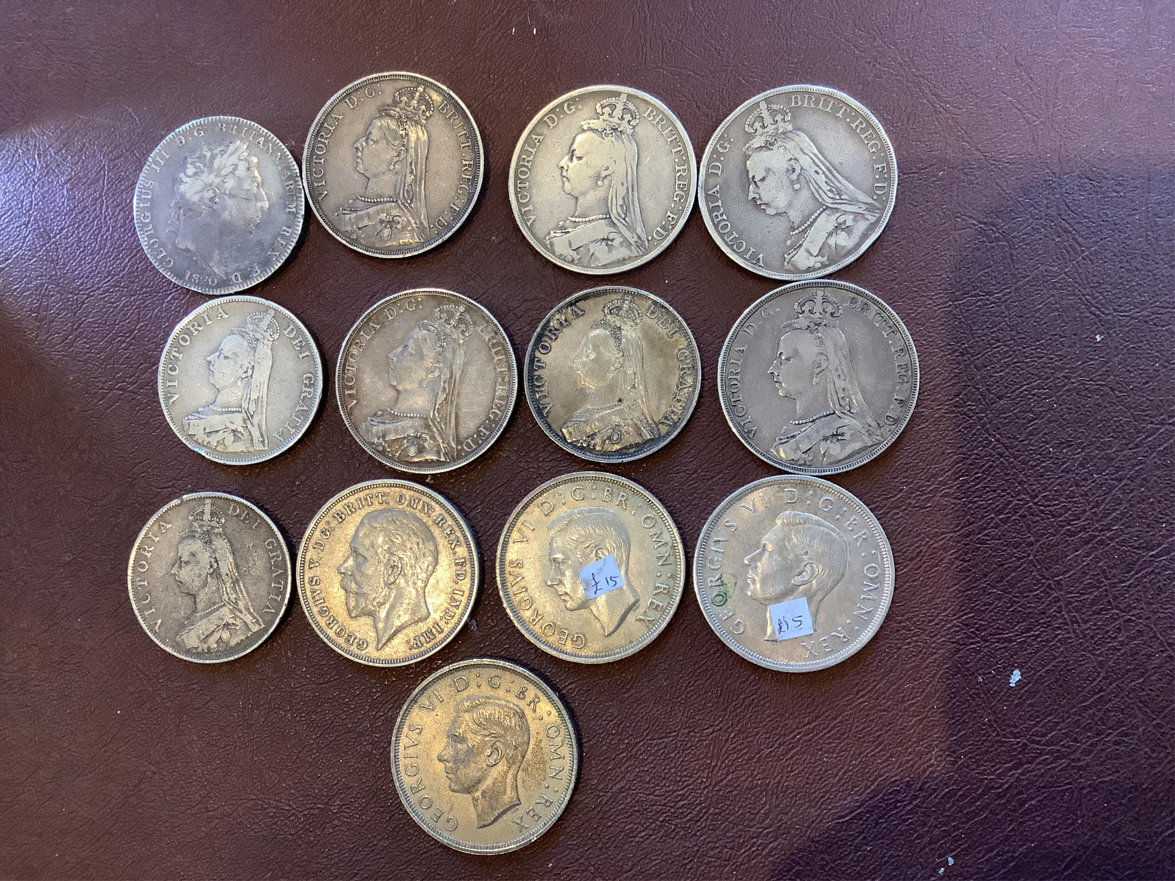 British coins, George III to George VI, collection of crowns, George III crown, 1820, Victoria, five crowns, two 1887, 1888 and two 1889, three double florins, 1887 and two 1889, George V, crown, 1935 and, George VI, thr